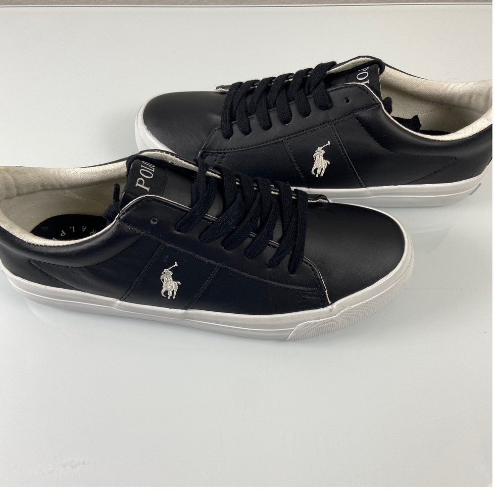 Polo Ralph Lauren Boys 7 Sayer Black Faux Leather Low Top Sneaker Shoes READ